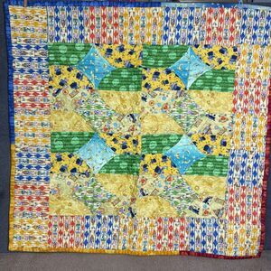 Baby Quilt Handmade NEW Boy Blue Yellow Green Magic Trains Rabbit 36”x36” Cotton